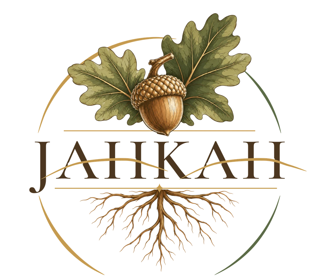 JAHKAH logo: an acorn and oak leaves above the name, with roots growing below